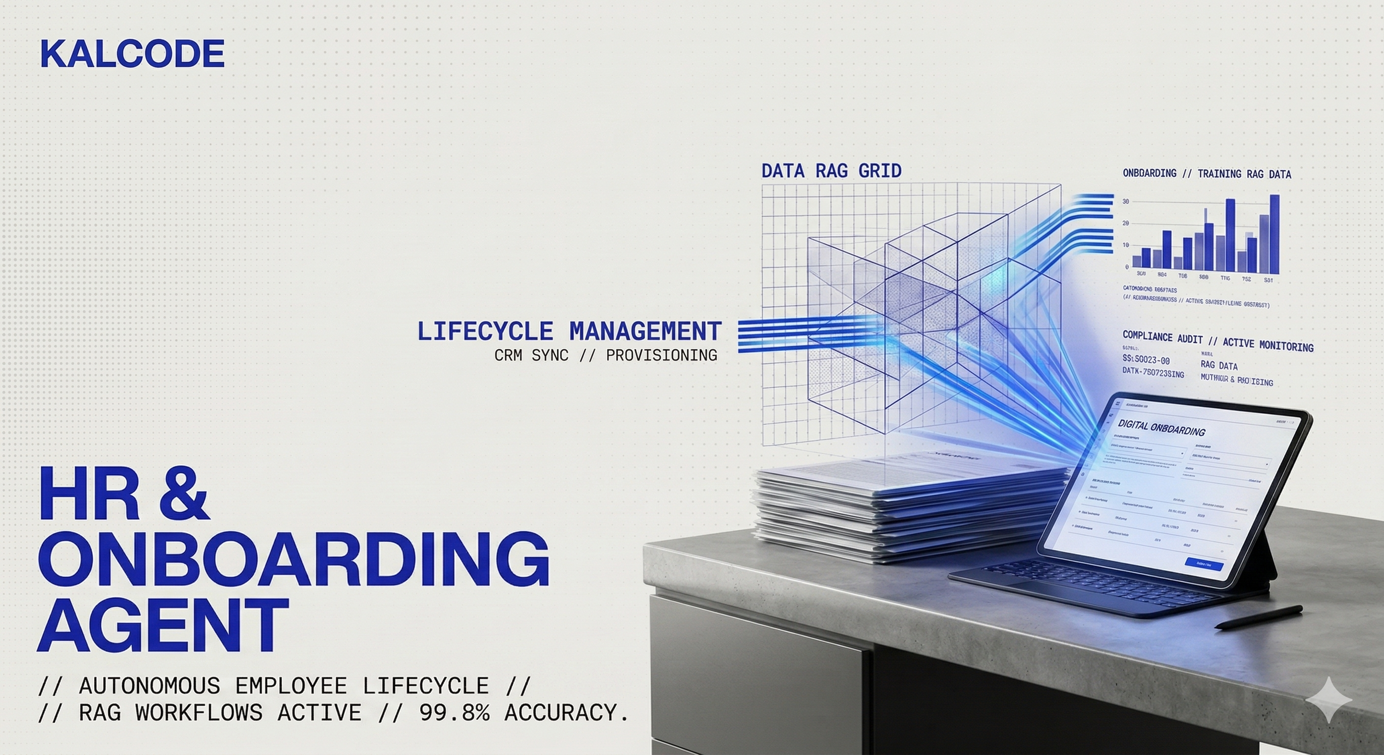 HR AI Agent illustrating autonomous employee lifecycle RAG workflows and CRM syncing for enterprise onboarding.