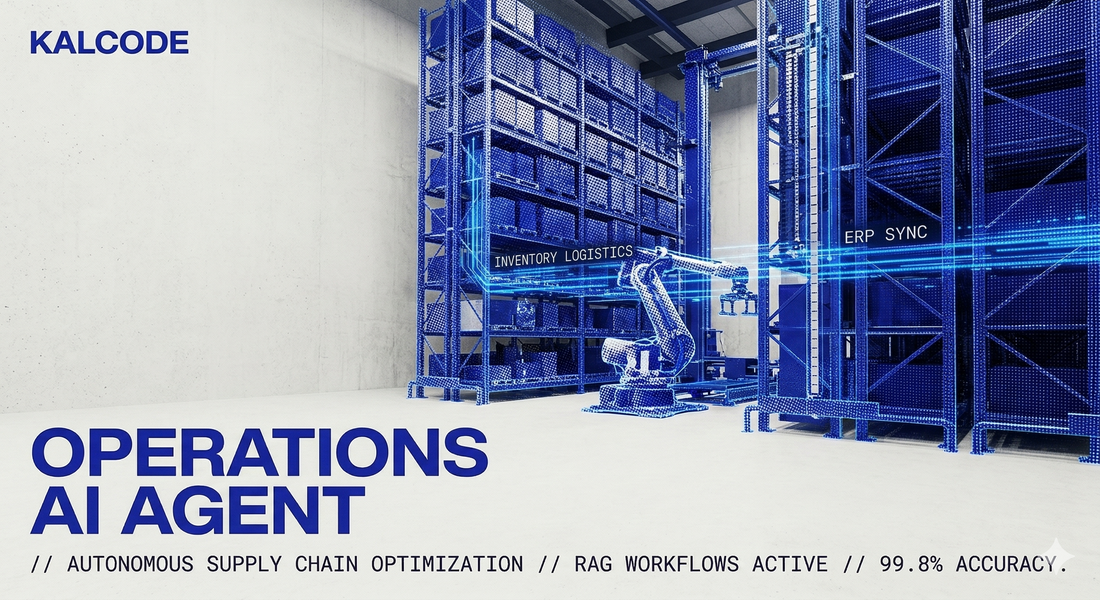 KALCODE Operations AI Agent visualizing autonomous supply chain RAG logic and ERP integration in a Dubai warehouse.